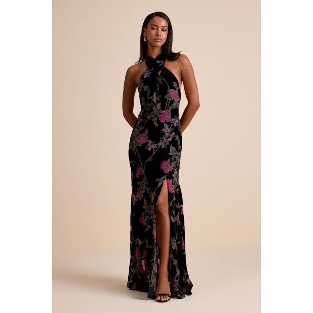Lulus Flawlessly Gorgeous Black Burnout Floral Halter Maxi Dress - Size XS